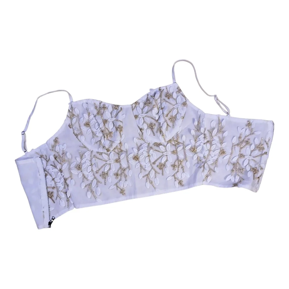 Corset Bustier Top Gold & White Floral Applique Zip Back, Adjustable Straps - Picture 2 of 7
